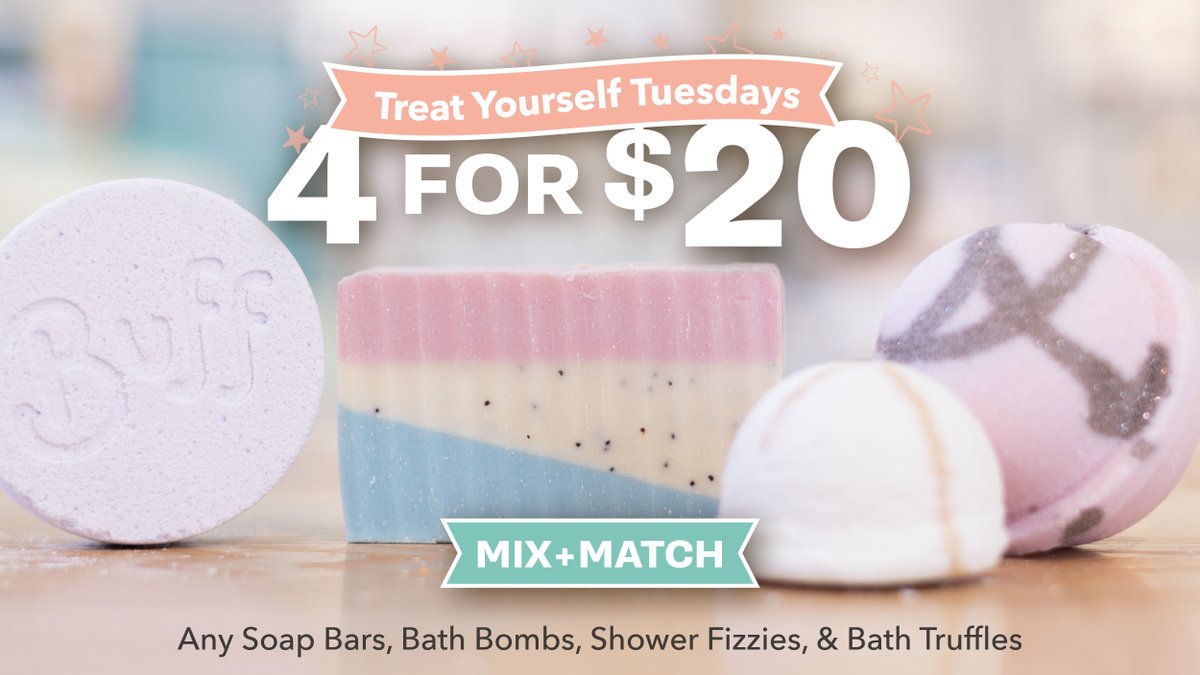 BuffCitySoap's tweet photo. 4 for $20: Who is ready for their daily dose of wonderful smells? ๐โโ๏ธ
Soap Bars, Bath Bombs, Shower Fizzies, & Bath Truffles are all on sale!
Sale valid TODAY in stores and online. Hours & Sales may vary by location.
#treatyourself #tuesdaysale #soapmakery #bundledeal #selfcare https://t.co/saY9ZRilZI