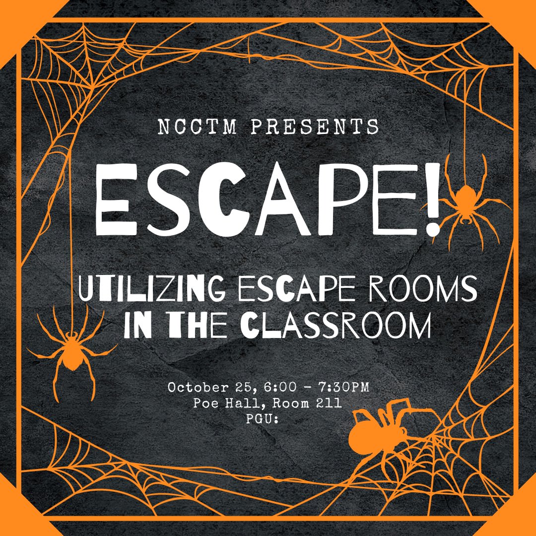 NCCTM_Kappa's tweet photo. Want to learn how to use escape rooms in your future classrooms? This is the perfect event for you! You will be working through a Grade 6 math unit while also trying to escape the room. This is a great way to incorporate technology and fun into your math class. https://t.co/upqZmLLYZF