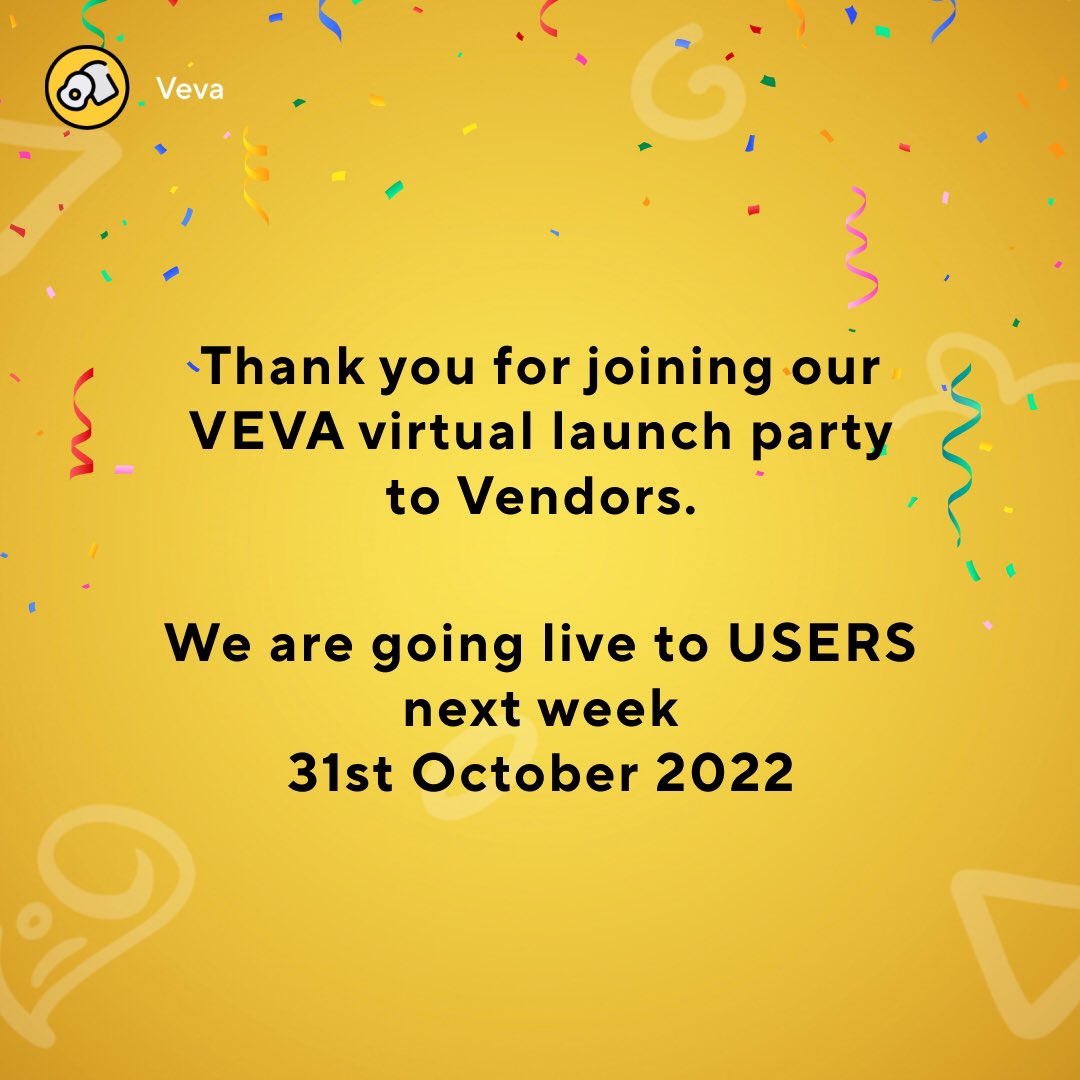 Withveva's tweet photo. Thank you VEVA Tribe!

We see you and we are with you on this journey.

PS: Next week Monday 31st of October, we are launching to users.

📌SAVE THE DATE

#veva #withveva #vevalaunch #userlaunch https://t.co/OrFUeK6vzi