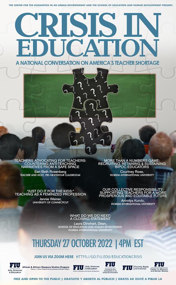 FIUCWGS's tweet photo. To join CHUE for this important conversation simply logon to Zoom at 4pm EST on Thursday 27 October using this link:
 
https://t.co/lgNKd3GY0o 
 
“Crisis in Education” is free and open to the public, and no pre-registration is required. https://t.co/O9xMSkySI9