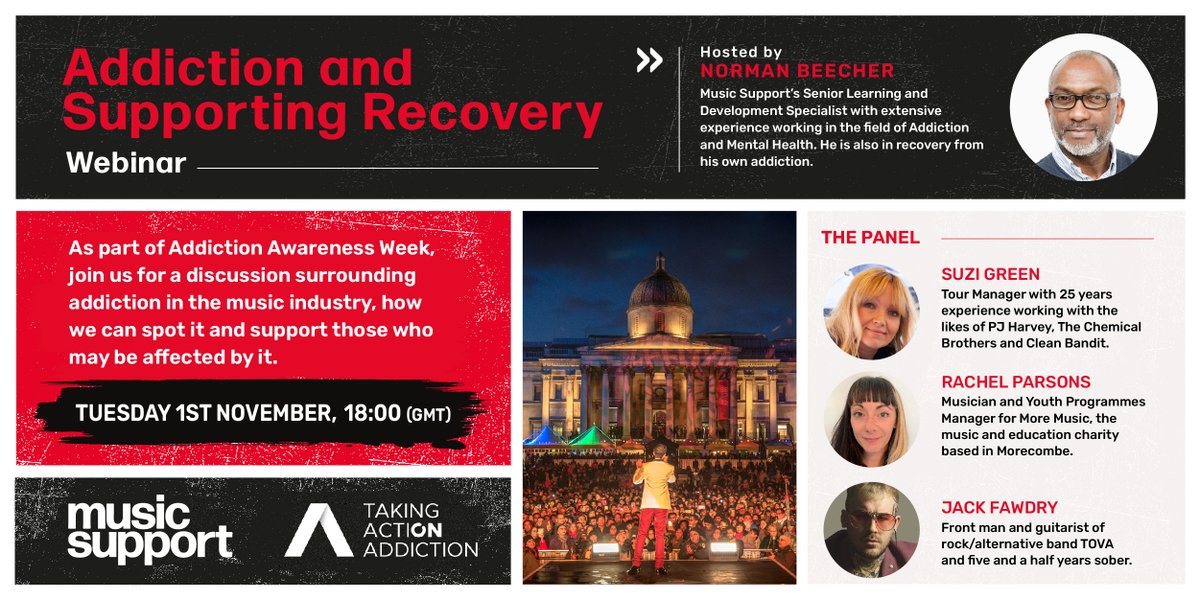 Musicsupport_uk's tweet photo. Join us for this special conversation we're hosting as part of Addiction Awareness Week (Tue 1st Nov @ 18:00 GMT). Find out more &amp; register to attend for FREE👉https://t.co/Gw6L37wUZ7
#AAW2022 #SupportNotStigma #RecoveryIsPossible 
@tova_music @MoreMusic1 @ActionAddiction https://t.co/2YOKg7MKfe