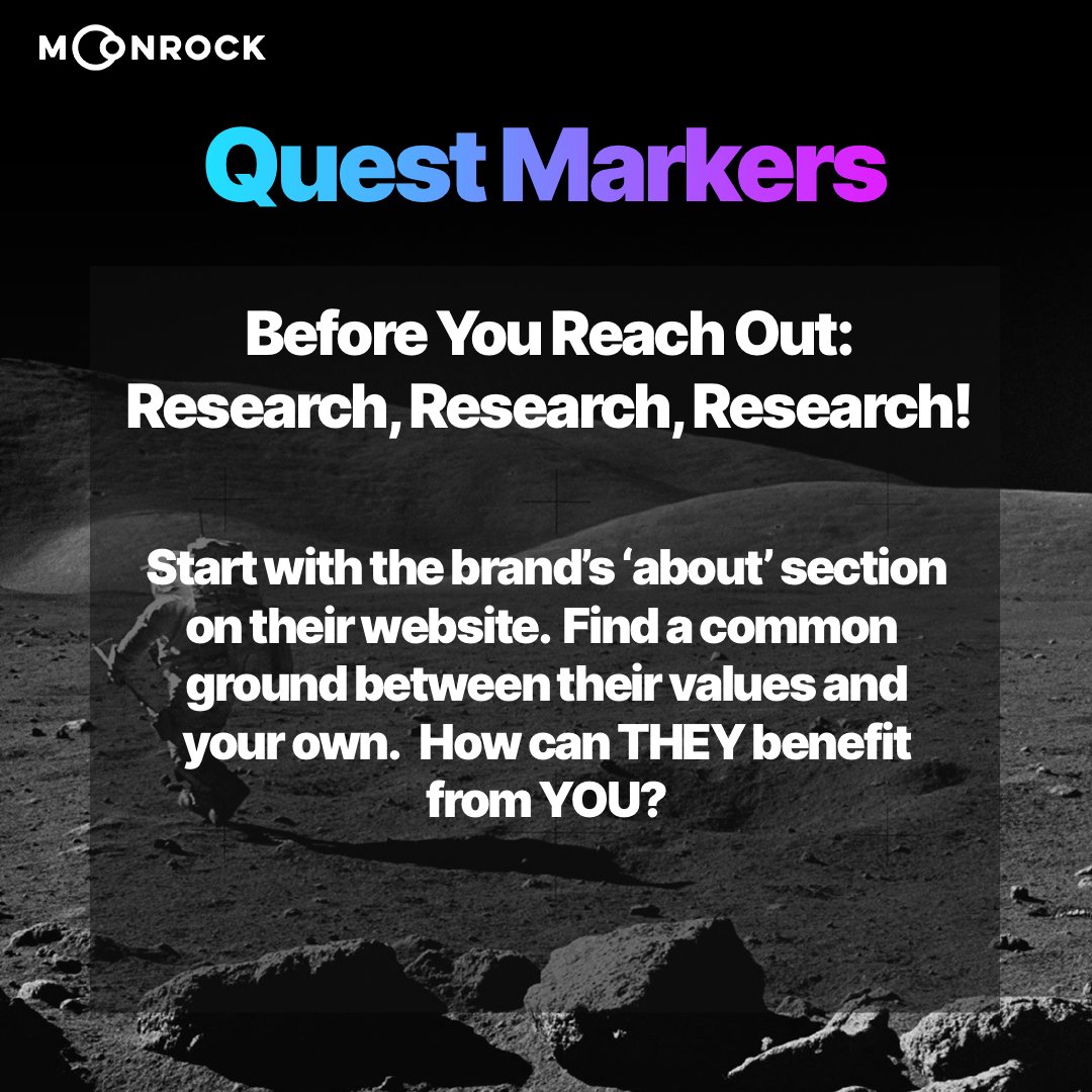 MoonrockAgency's tweet photo. "Quest Markers" is here for us to give our smarts of the industry to new Creators or anyone thinking about starting their journey!

This segment is called: "Before You Reach Out", and it centers around tips for a creator reaching out to a brand (sometimes called "cold calling")! https://t.co/MIGui5aOjZ
