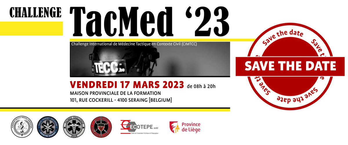 ProvincedeLiege's tweet photo. [#SaveTheDate]
TACMED '23: Challenge International de Médecine Tactique en Contexte Civil
📌Vendredi 17 mars 2023 - Maison provinciale de la Formation à #Seraing https://t.co/cfGycdGxy1