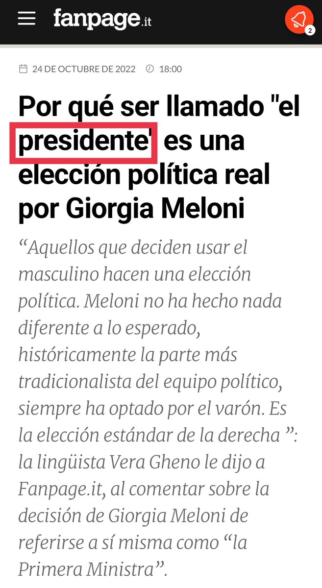⛔ BULO de <a href="/europapress/">Europa Press</a>. "Giorgia Meloni levanta polémica al anunciar que quiere ser llamada el primer ministro".

❌ FALSO: El artículo que vincula la noticia está mal traducido. Meloni ha optado por la denominación gramaticalmente correcta: "presidente". fanpage.it/politica/perch…