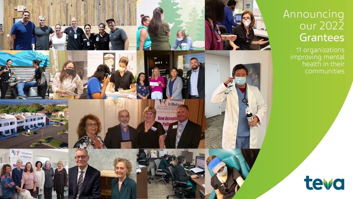 TevaUSA's tweet photo. We’re excited to announce that 11 free and charitable clinics bringing innovative #mentalhealth care to their communities in CA, FL and NJ are receiving grants through our partnership with @DirectRelief  &amp; @NAFClinics. Read more: https://t.co/E62gW4KVPM https://t.co/9mDHTbLqK7
