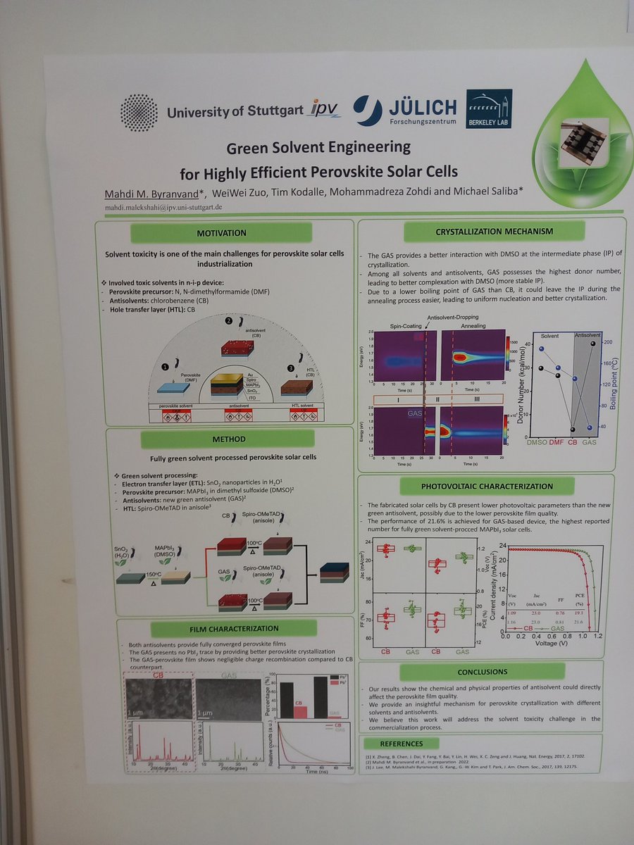 If you are interested to process you #PerovskiteSolarCells in a fully #GreenSolvent system, please come around to my poster presentation @nanoGe_Conf @matsus at 17:15 to discuss! (Poster numer:364)
@Uni_Stuttgart @fz_juelich
@SalibaLab @miliba01