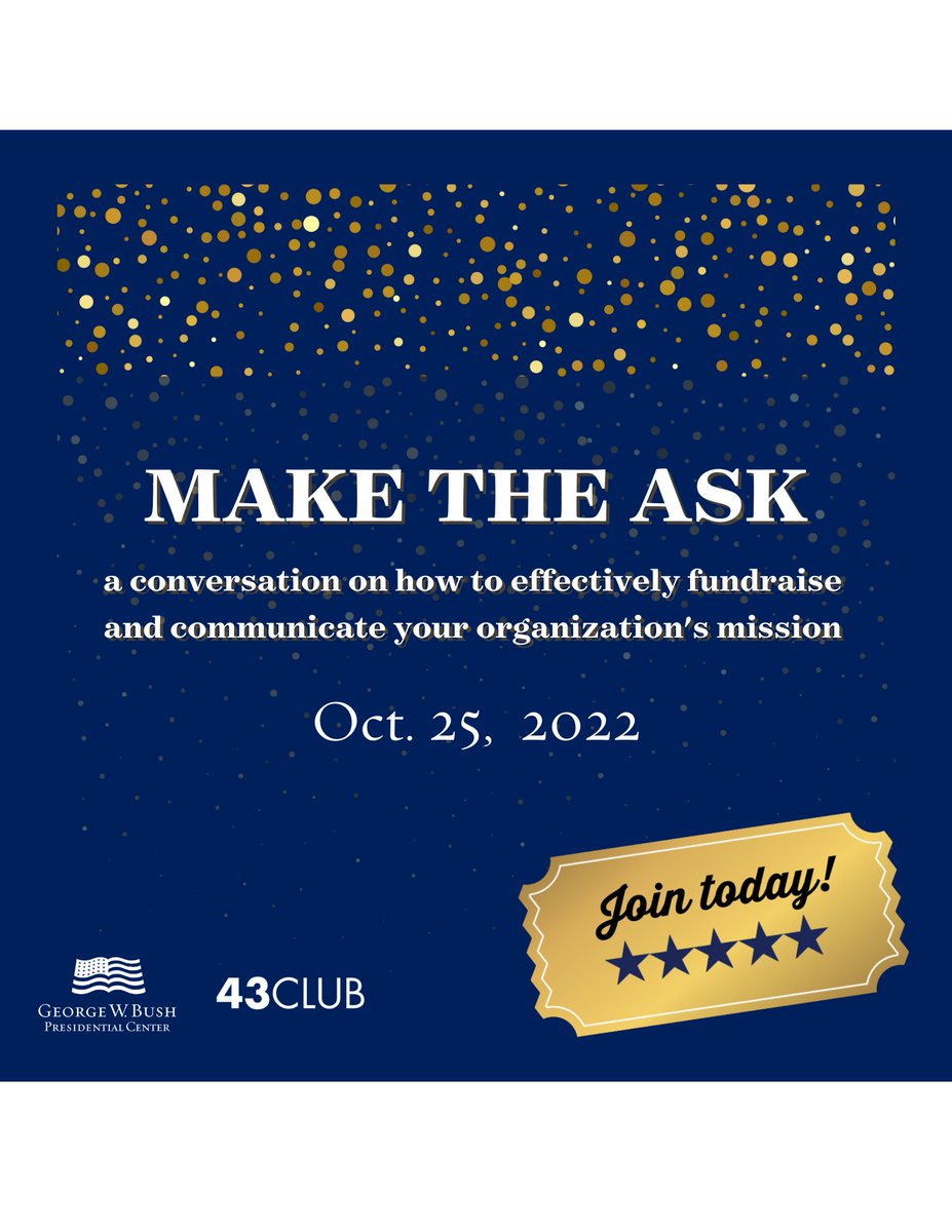 TheBushCenter's tweet photo. The #43Club of the Bush Center unites young professionals with unique programming for DFW’s next generation of leaders. 

#MakeTheAsk event is TODAY, &amp; we know you don't want to miss it!

Become a member today (membership lasts through the end of 2023): https://t.co/5SgH6HwdN4 https://t.co/M9zSjext0r