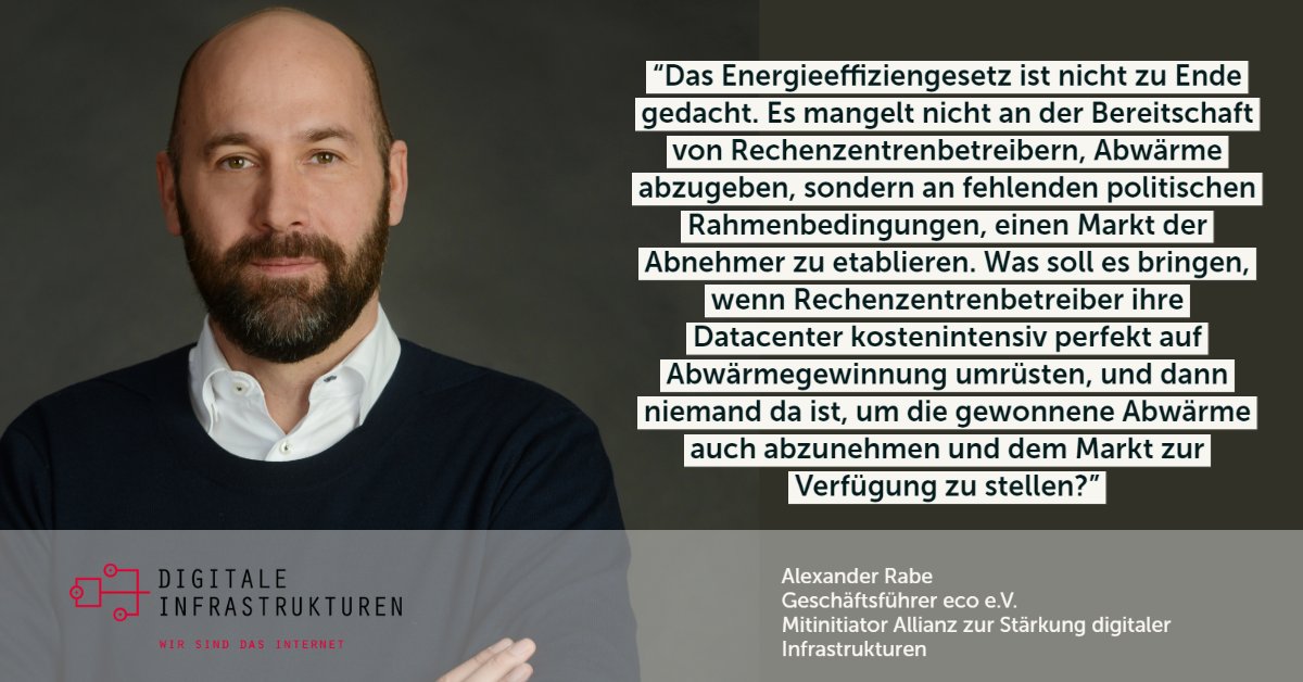 Das #Energieeffizienzgesetz steuert in die falsche Richtung für den Digitalstandort Dtl. Um Potenziale der #Abwärme von #Rechenzentren zu nutzen, müssen zuerst eine Wärmenetz-Infrastruktur seitens der Kommunen  geschaffen + der Ausbau erneuerbarer Energien vorangetrieben werden!