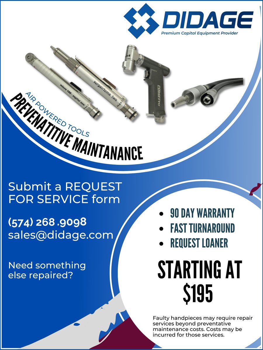 DidageSales's tweet photo. Looking for an affordable repair solution for your air power surgical power tools? 
#orthopedicpower #surgicaldrillrepair #pmservice #biomedical #hospital #surgerycenter #medicaldevice https://t.co/D6ZJQHZHze