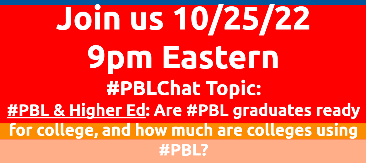 chrisgibsonedu's tweet photo. Are #PBL Graduates ready for college?
How prevalent is #PBL in higher education?
Join #PBLChat tonight at 9pm Eastern to share your insights!

@EPIClearners @HolyGirl22 @bloomberg_paul @mmcdowell13 @rmjohnson45 @danishkurani @siri0714 @historyhillin @mmeflight_spjh https://t.co/7SpRjCoNHl