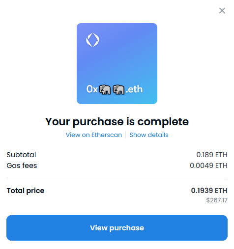 Bought 0x🐘🐘.eth for 0.19E ~
Hesitating means losing !
Hurry up ! Join 0xmoji Club !