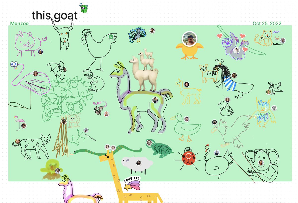 Today we rolled out our new Design Weekly team meeting. ✨

We kicked things off with a quick <a href="/figma/">Figma</a> FigJam.

Everyone had 60 seconds to draw an animal and drop it into the ‘Monzoo’.

It was fun! Would recommend to any teams looking for a remote-friendly warm up idea.