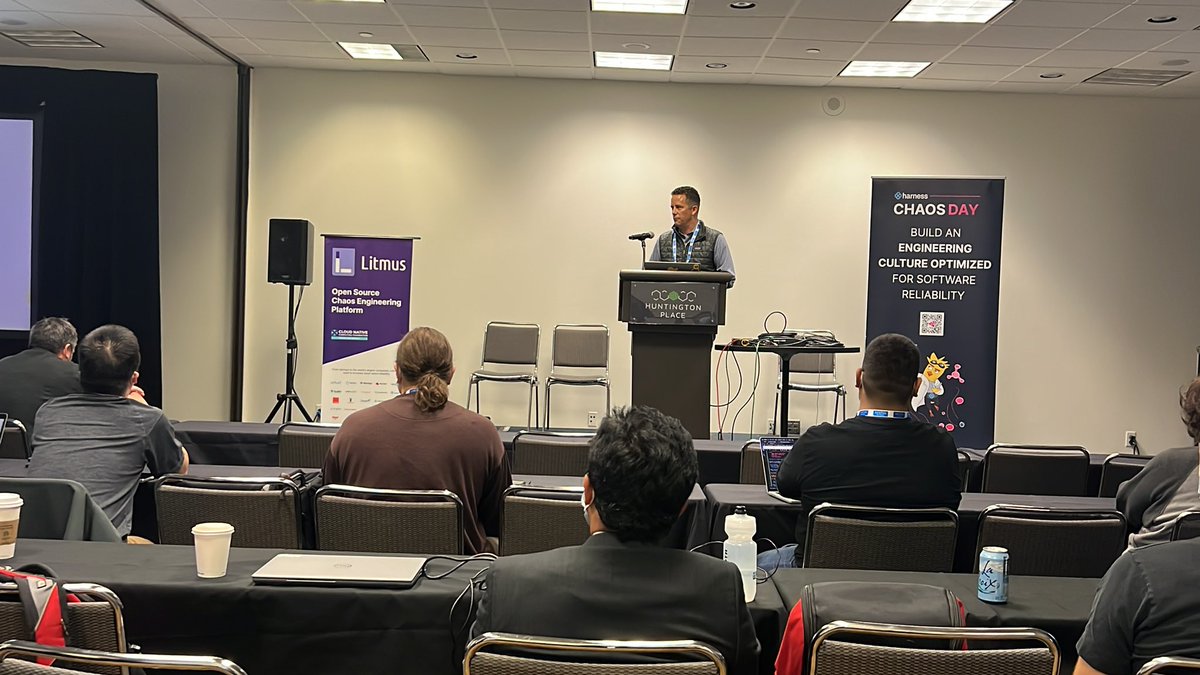 Uma_Mukkara's tweet photo. @alexvalentine  - Senior director at @harnessio  is doing a live demo of choas engineering inside Harness CD pipelines @kubecon_ #chaosday https://t.co/86P373VEDZ