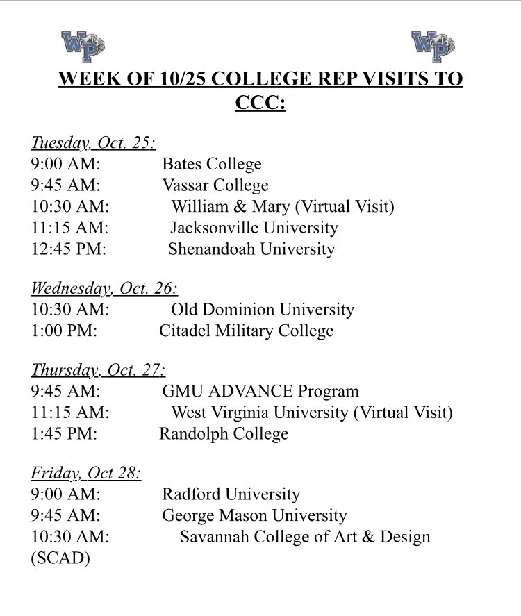 Senior & Junior Wolverines! We are heading into the final weeks of college rep visits. There are still opportunities to learn about wonderful colleges both in and out of Virginia! @theWPboard @wphsccc