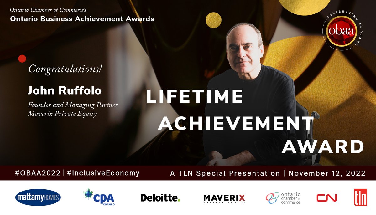 MaverixPe's tweet photo. We are SO PROUD to announce that @ruffoloj  is the 2022 recipient of the Ontario Chamber of Commerce Lifetime Achievement Award for his outstanding leadership and impact. CONGRATULATIONS!🎉🙌🎉🙌
#OBAA2022 #leadership #community  #inclusiveeconomy

https://t.co/k5TR21zFZ4 https://t.co/DRoWoA73he