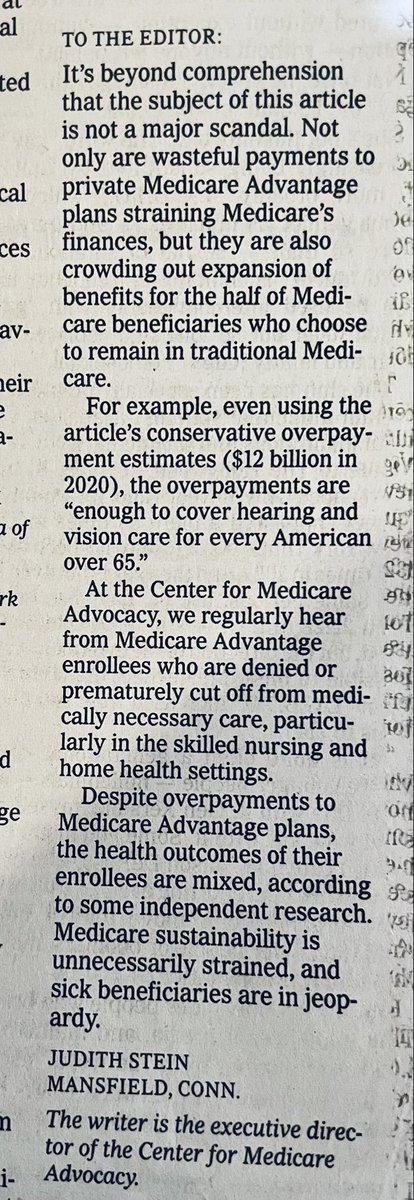 jasteinesq's tweet photo. ⁦@nytimes⁩ Letter to Editor - as @CMAorg has long said: Medicare Advantage is a scam. It's sapping the Medicare Trust Fund and provides less coverage when people are really sick and in need. https://t.co/XTZJXyzjld