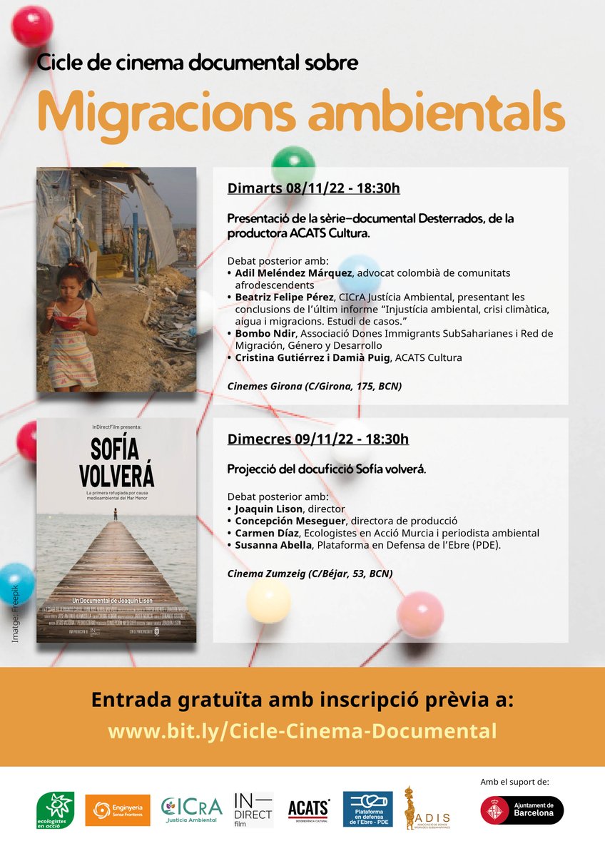 🙋‍♀️#CicleMigracionsAmbientals | Cine documental i debat sobre Migracions ambientals. Un espai de reflexió sobre què succeeix al Sud global, i projectar el futur al Nord global si res canvia. 🗓️8 i 9/11 | 18.30h 📝Entrada gratuïta amb inscripció prèvia: bit.ly/Cicle-Cinema-D…