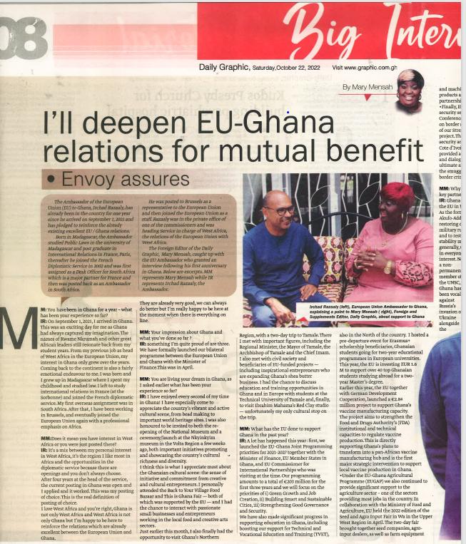 EuropeInGhana's tweet photo. #HotOffThePress
To mark one year of diplomatic service in Ghana @IrchadR recently sat with Mary Mensah of @Graphicgh and one thing for sure is the ever deepening relationship between 🇪🇺 EU and 🇬🇭 Ghana for #Jobcreations, #Greengrowth and #GoodGovernance and #Security https://t.co/xlCp4TTQlf