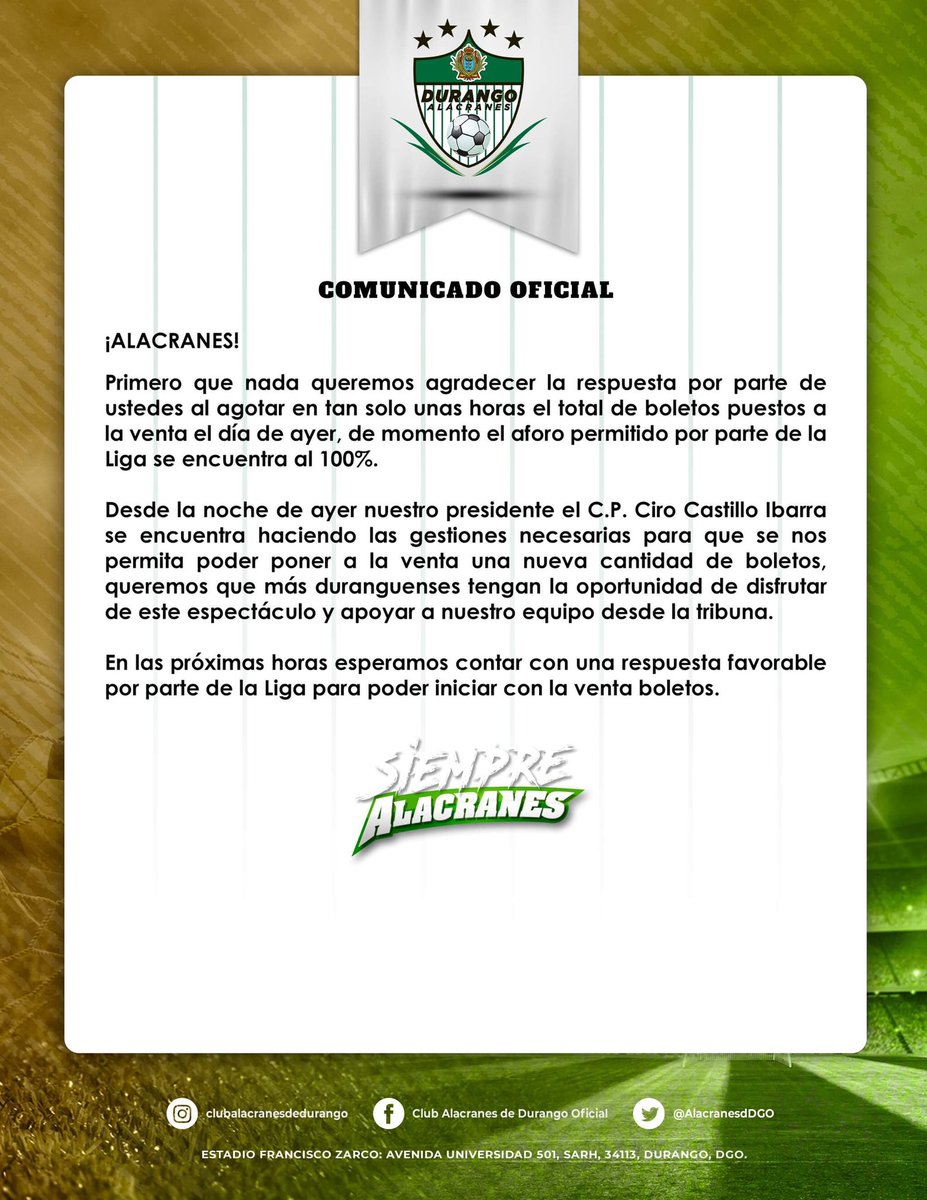 AlacranesdDGO's tweet photo. 🚨 COMUNICADO OFICIAL 🚨 https://t.co/47inoI8M3H