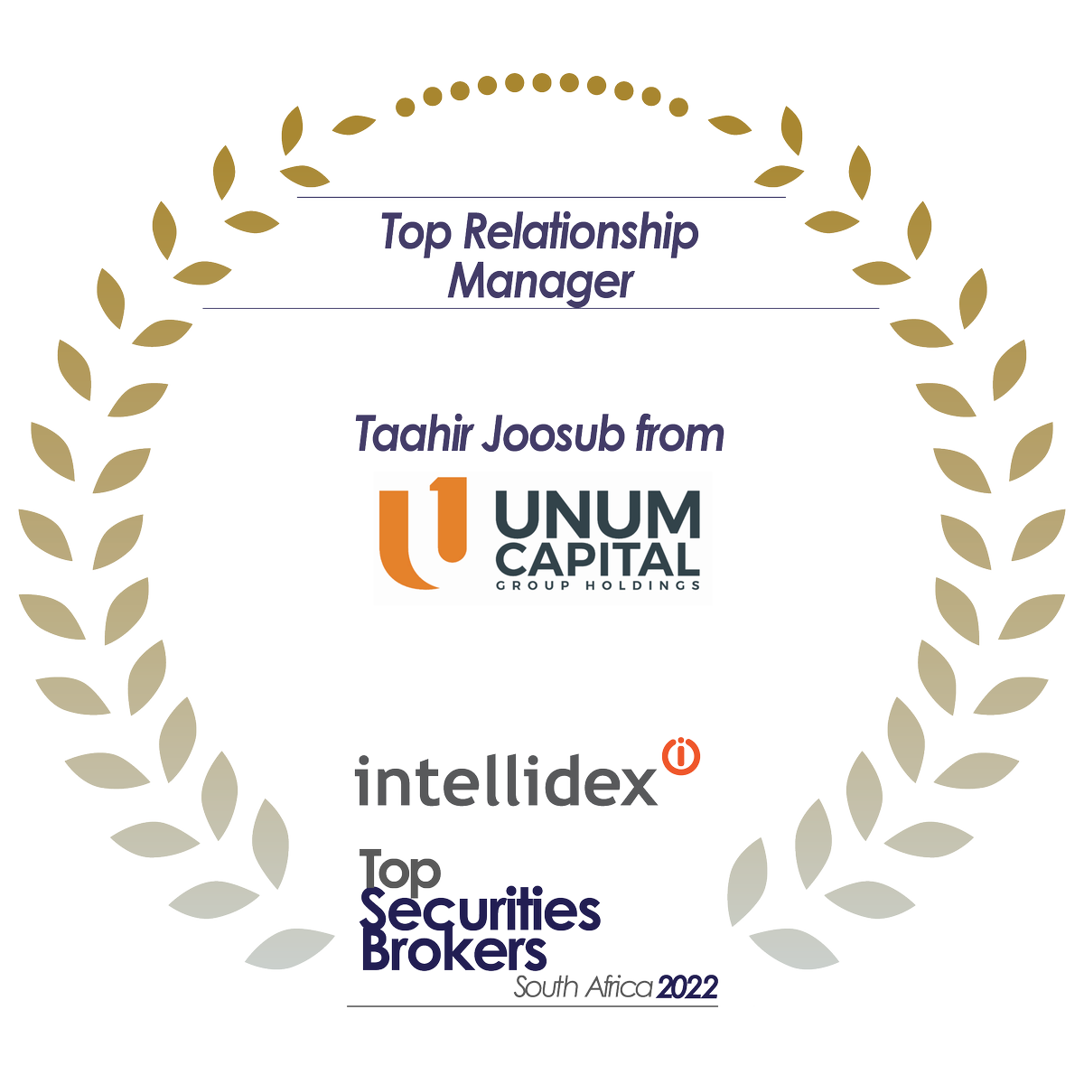 kruthamX's tweet photo. The 2022 Top Individual Relationship Manager award is AWARDED TO: @Taahir_Joosub @UnumCapital #topsecuritiesbrokersawards #IntellidexAwards https://t.co/tc2r6HDWzv