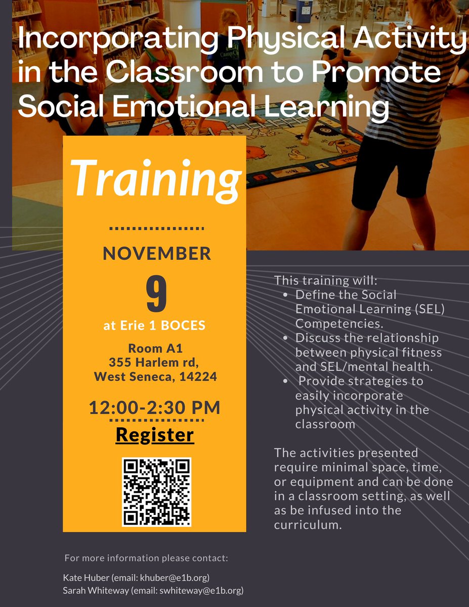 Join us for Incorporating Physical Activity in the Classroom to Promote Social Emotional Learning from 12:00-2:30 on Nov. 9. Register here: mylearningplan.com/WebReg/Activit… 
or for CHSC schools: mylearningplan.com/WebReg/Activit…