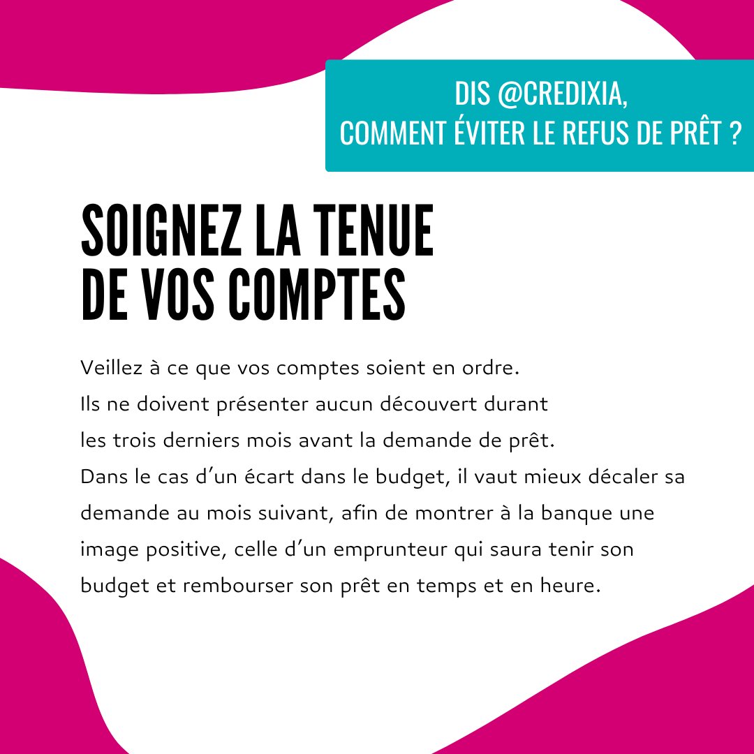 CREDIXIA's tweet photo. 1 jour = 1 astuce 🔥
 
Comment éviter un refus de prêt ?

D'abord : Bien gérer ses comptes ! 😉

Les banques sont très attentives à la gestion de vos revenus. Des comptes positifs démontreront votre capacité à honorer vos mensualités de crédit. 🙌

#courtierimmobilier #immobilier https://t.co/LXpCR4zqsj