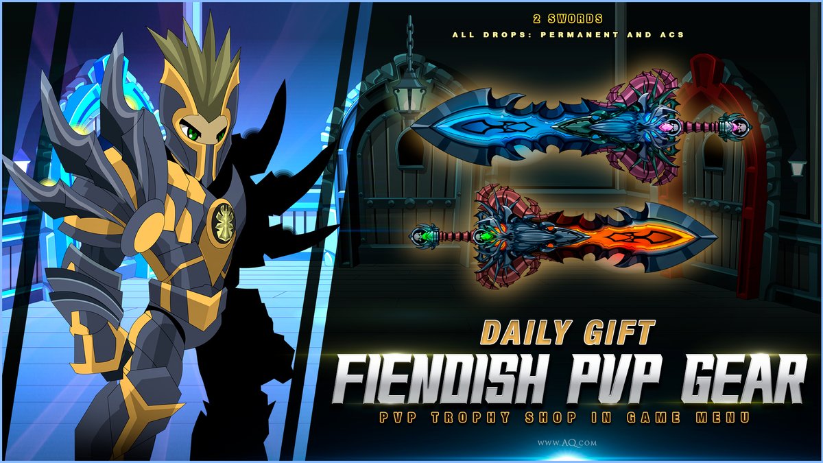 YoshinoAE's tweet photo. Tuesday's Daily Gifts are here! Gather 350 Combat Trophies to acquire any one of these Fiendish Blades from the PvP Trophy Shop! Return each day for a new gift at https://t.co/dfEjEDFxCh as we celebrate Artix Entertainment's 20th anniversary! #AQWDailyGift https://t.co/kglu5xH55t