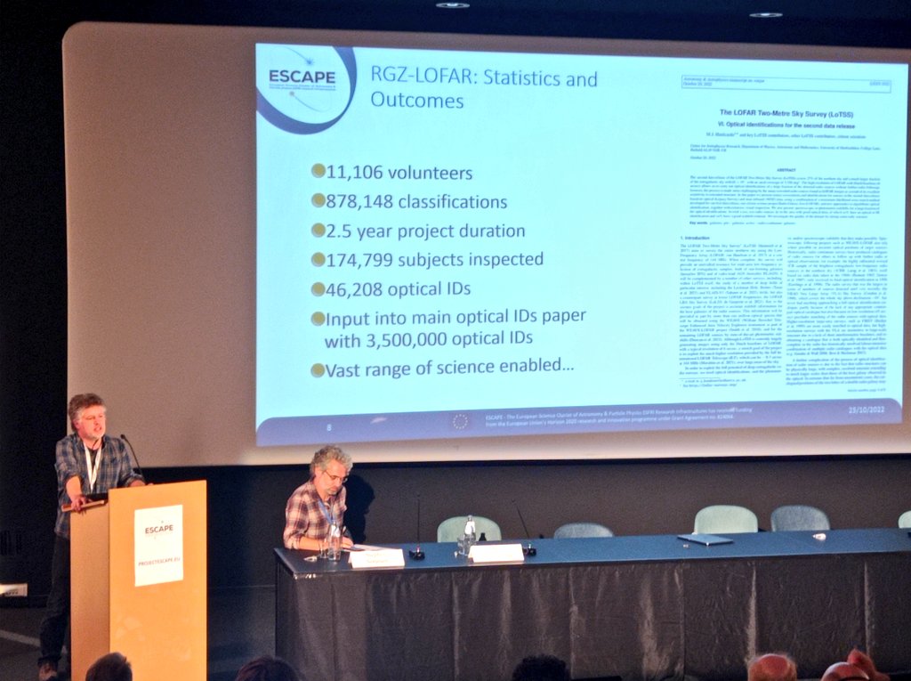 ESCAPE_EU's tweet photo. Martin Hardcastle @UniofHerts showcasing the power of #ESCAPE #citizenscience projects, with @galaxyzoo, where thousands of volunteers full of passion helped @LOFAR in discovering what the sky is showing us!Together we go further, the citizen science beauty at #ESCAPEtotheFuture https://t.co/nkjP2xhMpK