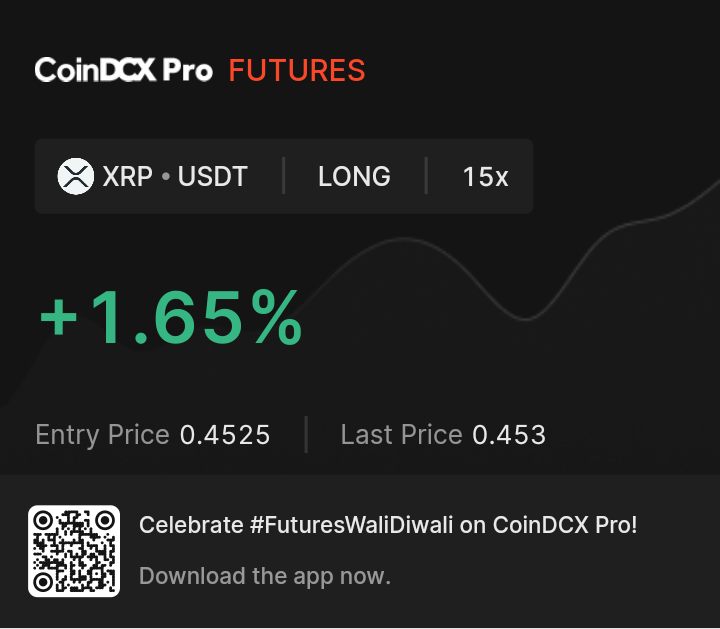 Vishal Mishra (@vishalm29519935) on Twitter photo The celebrations have begun!
I earned +1.65% on Futures at 15x on XRP-USDT long!
This #FuturesWaliDiwali on <a href="/CoinDCX/">CoinDCX : India Ka Crypto Coach</a> Pro, trade Futures and stand a chance to get up to 100 USDT daily! join-pro.coindcx.com/invite/join?r=…
#Crypto #HappyDiwali #Diwali22
100% safe 🤑💰I just loved it The celebrations have begun!
I earned +1.65% on Futures at 15x on XRP-USDT long!
This #FuturesWaliDiwali on <a href="/CoinDCX/">CoinDCX : India Ka Crypto Coach</a> Pro, trade Futures and stand a chance to get up to 100 USDT daily! join-pro.coindcx.com/invite/join?r=…
#Crypto #HappyDiwali #Diwali22
100% safe 🤑💰I just loved it