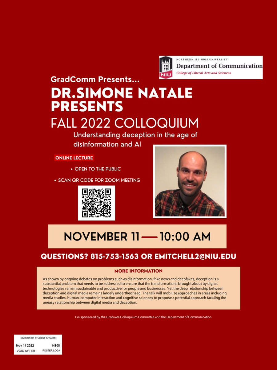 'Understanding Deception in the Age of #disinformation and #AI' - Thrilled to announce that @simone_natale will provide the @NIU_DeptofComm fall 2022 colloquium. 11 November 2022 at 10:00 CST. Online and open to the public.