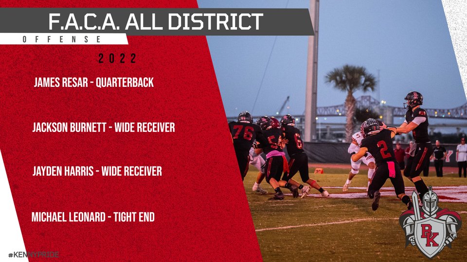 BKHS_Football's tweet photo. F.A.C.A All-District (All of Duval and Nassau Counties)
Congratulations to @JamesResar, @jacksonkburnett, @JaydenH2023, and @Michael4leonard for being named to the F.A.C.A. District 5 All-District Offense!
#KennyPride #EEIO https://t.co/4ohdMONEIO
