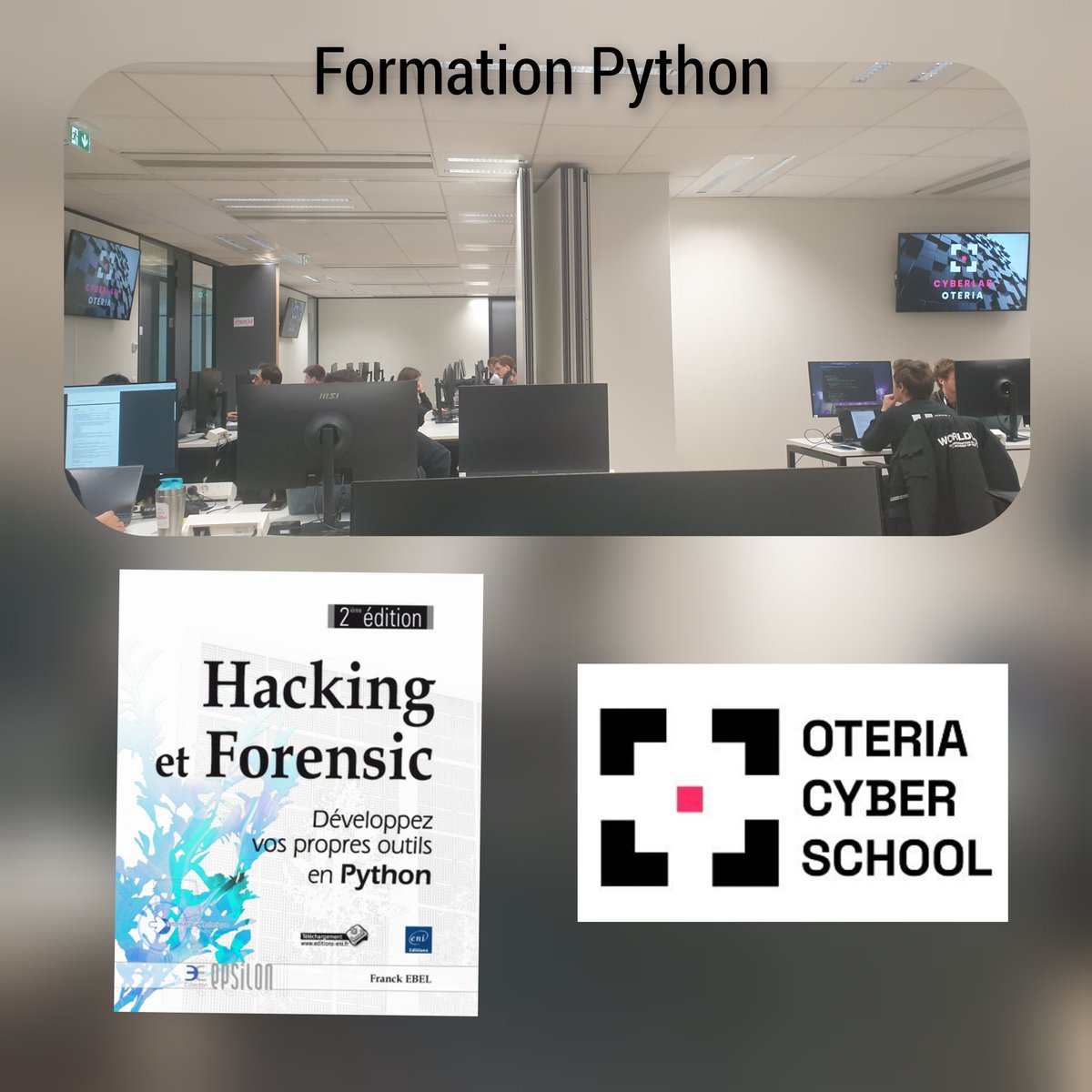 fasm3837's tweet photo. la formation python a débuté hier chez Oteria Cyber school.  au programme, du python 3, du hacking, du forensic. https://t.co/uvDwhhagQx