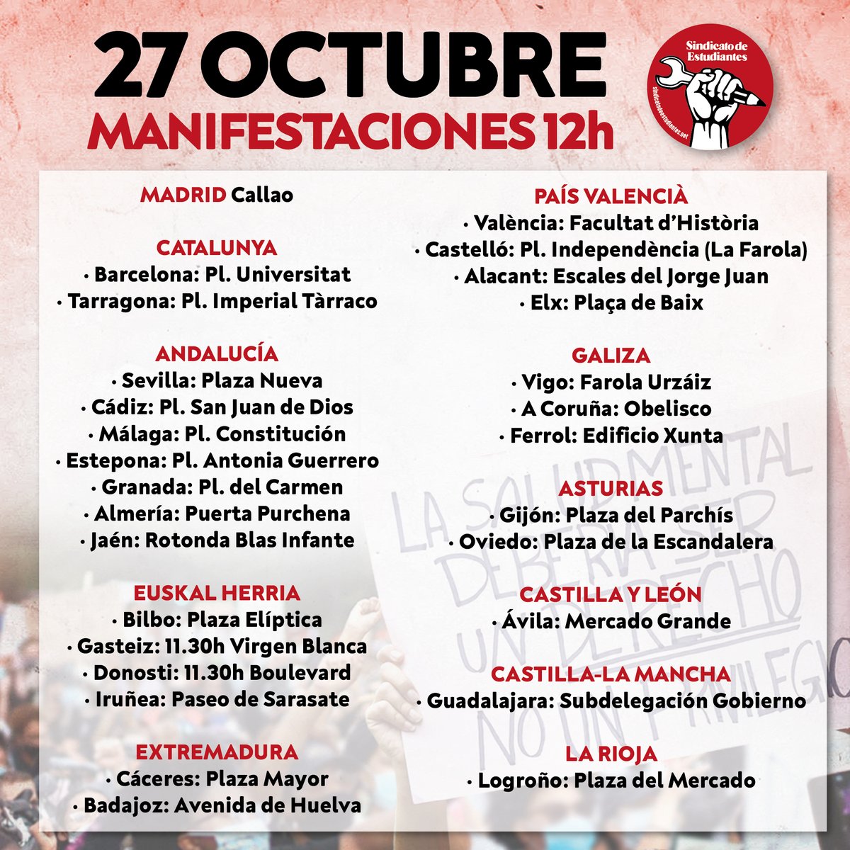 SindicaEstudian's tweet photo. ‼️ MANIFESTACIONES de la #HuelgaSaludMental del 27 de Octubre.

La #SaludMental tiene que ser un derecho, no un privilegio de clase. ¡Todas y todos a la HUELGA! ✊🏽 #StopSuicidios https://t.co/4d1IYpNHod