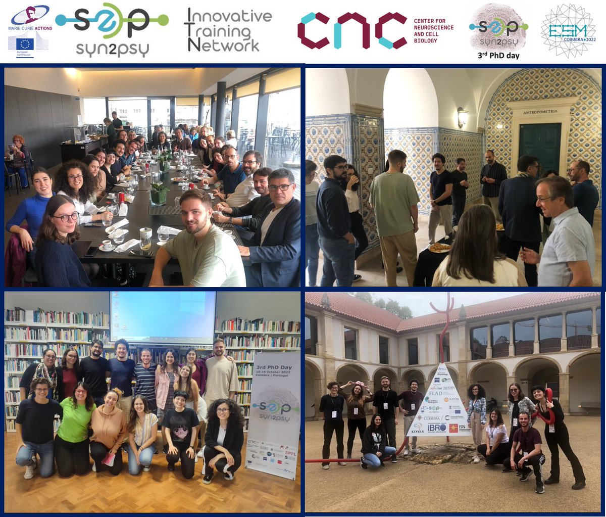 Syn2Psy's tweet photo. Last week #Syn2Psy ESRs gathered in Coimbra for the 3rd PhD day, #sciencecommunication workshop and @Marioneteatro session, followed by #ESMCoimbra2022. ESRs, PIs and Partners were happy to meet in person again!
@cnc_uc #neuroscience @MSCActions #H2020 https://t.co/vY534YSjvy