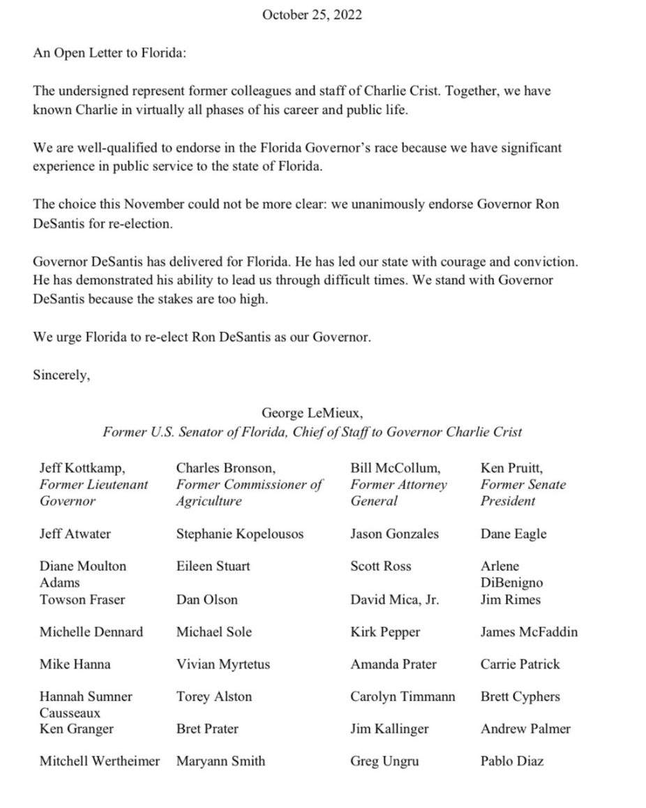 🚨NEW: Former @CharlieCrist colleagues and staffers have signed an open letter to the people of Florida, unanimously endorsing @RonDeSantisFL for re-election. ...They must have watched the debate last night 😁