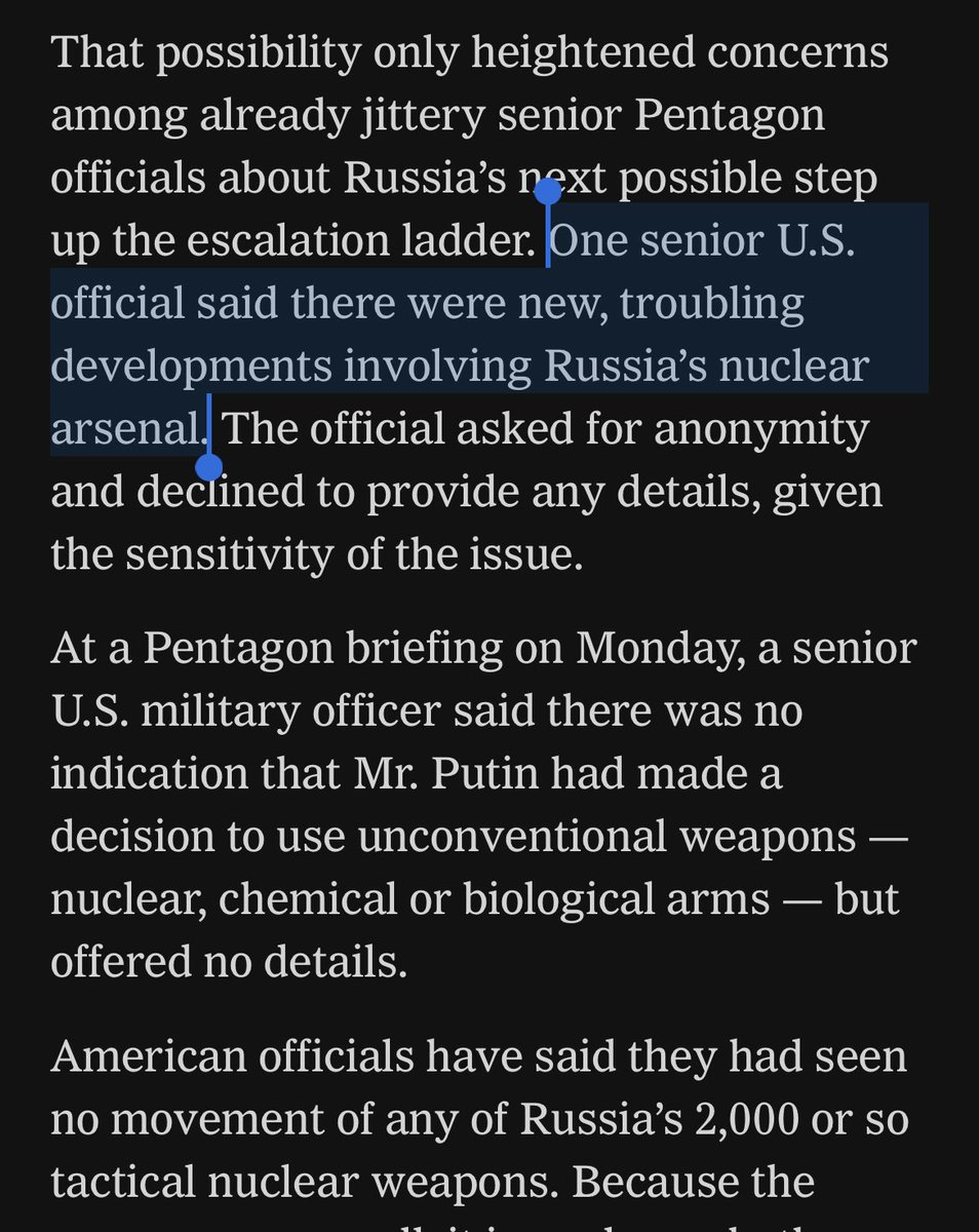With Russian & NATO nuke exercises underway + Rus false warning of Ukrainian “dirty bomb” use, US officials see greater level of concern about possible nuke use than at any point during war & “troubling developments involving Russia’s nuclear arsenal.” nytimes.com/2022/10/24/us/…