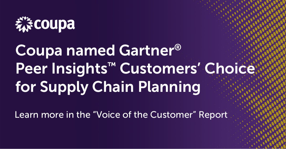 richardforrest's tweet photo. We are honored to be recognized with the Customers’ Choice distinction in the 2022 Gartner® Peer Insights ‘Voice of the Customer’: #SupplyChain Planning report. Read more here! #CoupaProud @coupa https://t.co/3B2HLkzRMD https://t.co/ei1UiSUjp5