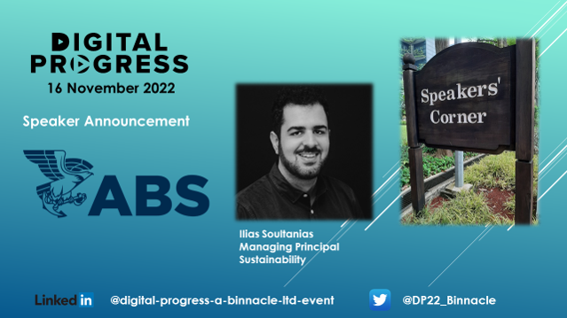 Delighted to confirm Ilias Soultanias, Managing Principal, #Sustainability, American Bureau of Shipping #ABS Adding a great depth of knowledge to session on #decarbonisation at #DigitalProgress22 on 16 November at #Huone #Singapore #ClarkeQuay 
binnacle.ltd/digital-progre…
