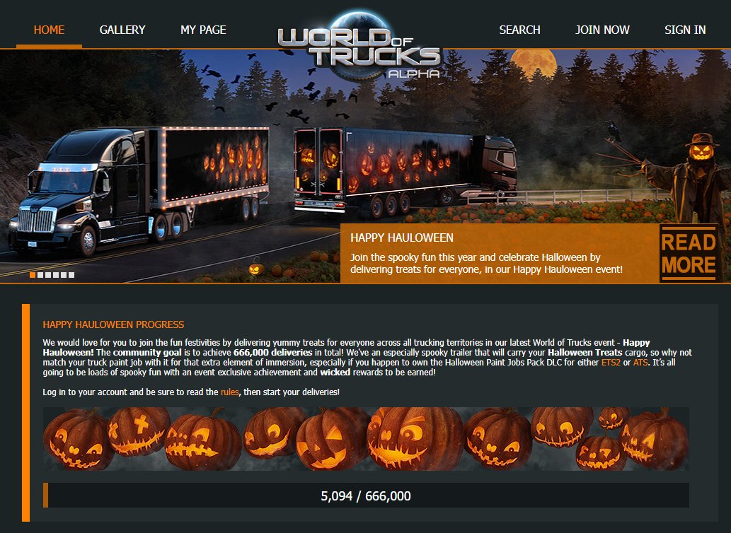 SCSsoftware's tweet photo. And so it begins... 😈

Share your ghoulish shots of you taking part in our spooktacular event with the hashtag #HappyHauloween 🎃

Time hit the road for a treat! 🚛🍬 https://t.co/QzCWjUugfV