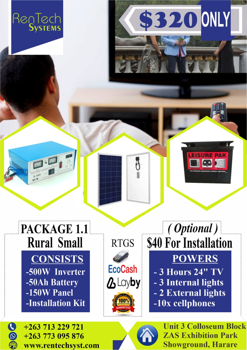 RentechSystems's tweet photo. SOLAR POWER is the last energy resource that isn't owned yet. Yes nobody taxes the sun yet. Therefore,  SAVE MORE MONEY by investing in this exquisite Solar System Packages for as little as $325
For more info  contact +263 773 095 876/ 071 322 9721 
#solarexperts
#RenewableEnergy https://t.co/DJAVnhm7L4