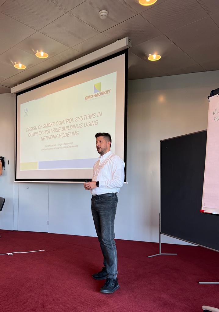 GmdMoskay's tweet photo. 6-8 ekim tarihlerinde İsviçre'de düzenlenen "Fire &amp; Smoke Experts Event by Belimo" etklinliğinde Gökhan Göymen ile Bora Kocaman tarafından "Design of Smoke Control Systems in Complex High Rise Buildings Using Network Modelling" sunumu yapıldı.  #smokecontrol #highrisebuildings https://t.co/pT96hPkAM1