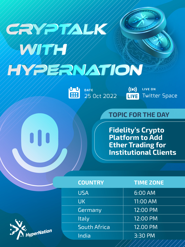📢Dear Citizen of HyperNation📢 Our Twitter Space is now LIVE! Topic: Fidelity's Crypto Platform to Add ETH Trading for Institutional Clients Room Link: x.com/i/spaces/1ynga… #hypernation #metaverse #defi #dao #blockchain #gamefi #defiproject #daoverse #crypto #nft #eth #btc