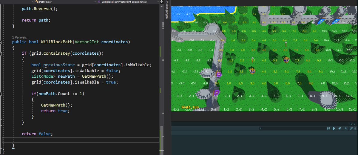 SweetMouse85's tweet photo. Today doing course work was about blocking some path so towers can`t be placed there.
#madewithunity #ShareYourGames #WPUGamers #unity3d #IndieGameDev #gamedesign #gamedev #coordinatesystem #TowerDefence #indiegame #programming #dictionary #pathfinding #algorithm https://t.co/ifwxxNIkZ4