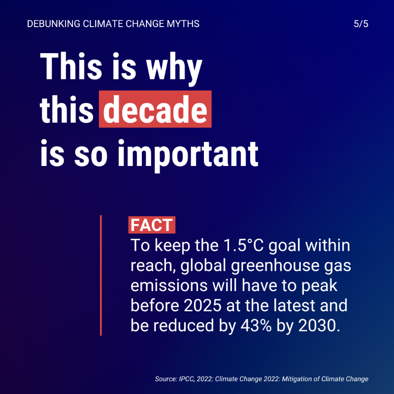 UNFCCC's tweet photo. ❌Myth: A̵ ̵f̵e̵w̵ ̵d̵e̵g̵r̵e̵e̵s̵ ̵o̵f̵ ̵g̵l̵o̵b̵a̵l̵ ̵w̵a̵r̵m̵i̵n̵g̵ ̵a̵re ̵n̵o̵t̵ ̵a̵ ̵b̵i̵g̵ ̵d̵e̵a̵l̵.

✅Fact: Every bit of global warming worsens the impacts on people and planet.

#ClimateChange misinformation is a risk to everyone.