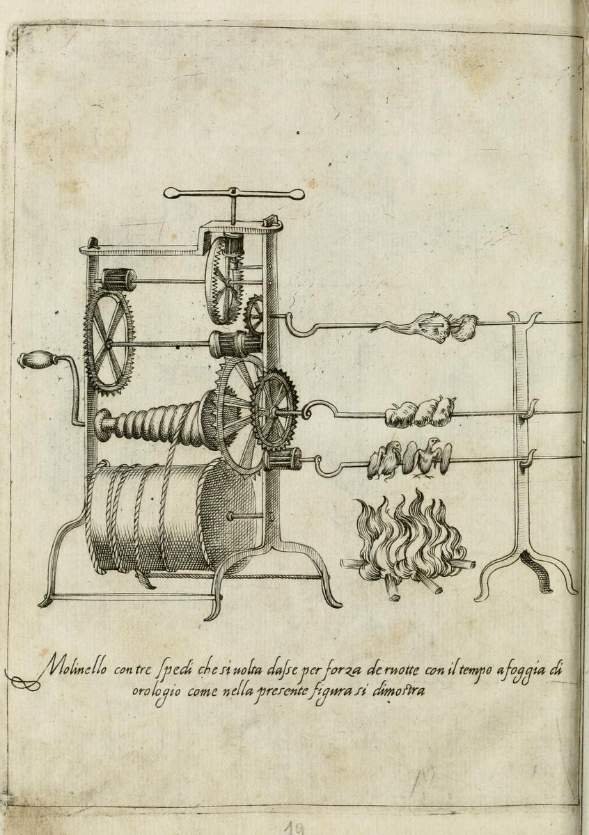 ルネッサンスの時代のバチカンの料理人、スカッピさんのレシピ本に載ってた調理器具など。
お肉をぐるぐる回して焼く装置かっこいい。
用途が不明なのも多いがかっこいい。
ルネッサンスでバチカンだし。 