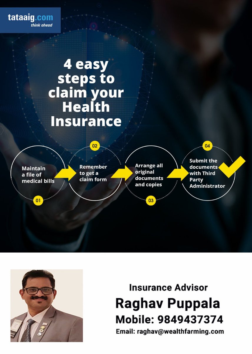 SangeethaLakka1's tweet image. 4 easy steps to claim your Health Insurance.
tata aig Insurance for more details Call:9849437374
#medicalbills #claimform #documents #submit #insuranceadvisor