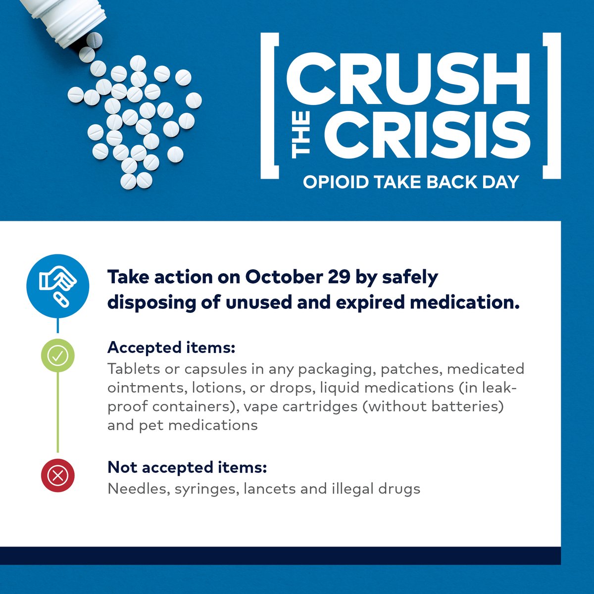 Help us "Crush the Crisis" this Saturday Oct 29th at our annual medication take back day! We will be working with the DEA and Independence Police Department to safely collect unused and expired medications. With your help we can take these drugs off the street!