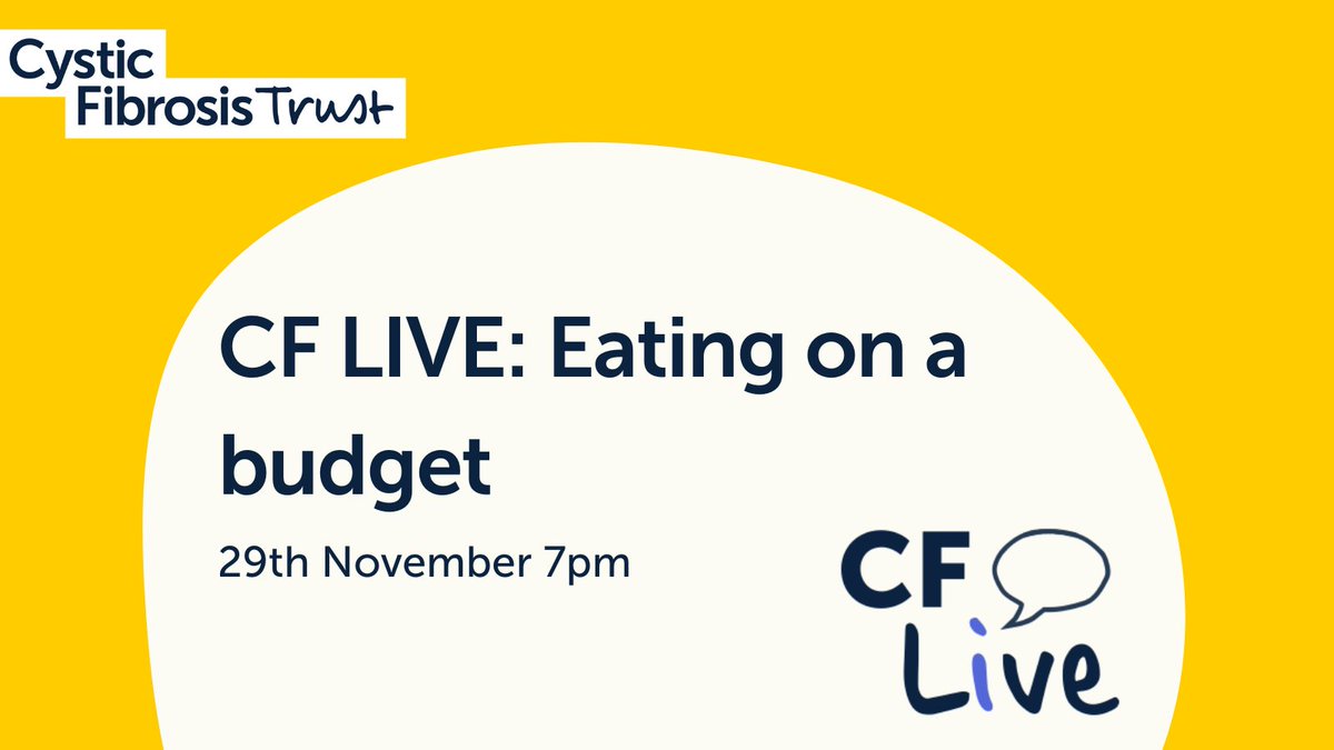 cftrust's tweet photo. Our next #CFLIVE event has been announced - Eating on a budget. Join us as we discuss meal planning on a budget and ways of maintaining calorie intake when finances are stretched. #cysticfibrosis

Tuesday 29th November at 7pm. Free to sign up here https://t.co/GUqmN1H693 https://t.co/phZvlIhH0w