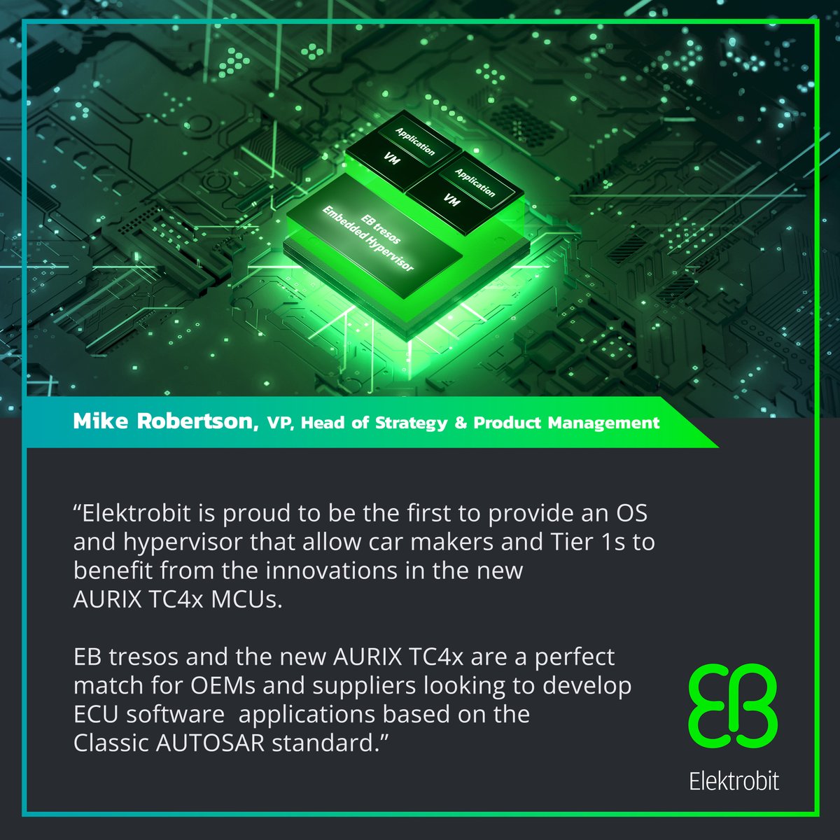 Execute multiple virtual machines on a single microcontroller with EB tresos Embedded Hypervisor for Infineon AURIX TC4x microcontrollers. Get all the details here: ow.ly/ZMk150LjST2 #Elektrobit #automotive #automotiveindustry #AUTOSAR #ClassicAUTOSAR #EBtresos
