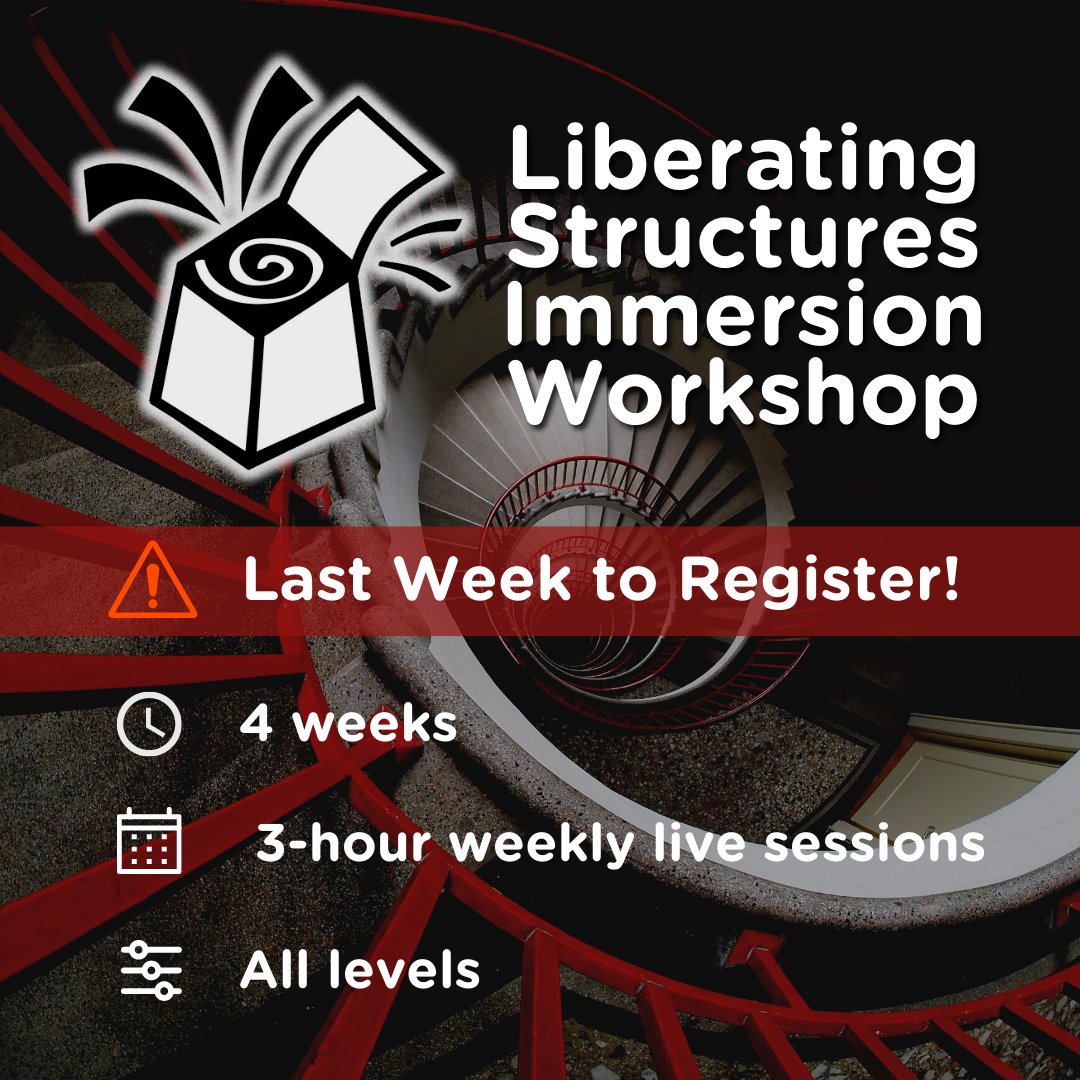 aprendix's tweet photo. This is the last week to register for our Liberating Structures Immersion Workshop Online.

Link to Register: https://t.co/CGCdJ5jeWj

#liberatingstructures
#immersion
#cop
#virtualfacilitation https://t.co/Lzv8Mc319e